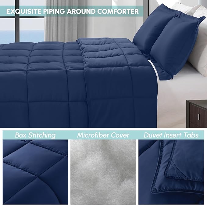 Elegant Comfort 3-Piece Box Stitched Down Alternative Comforter with Shams - Ultra Soft for All Season Duvet Insert with Corner Tabs, Plush Cozy 3PC Comforter Set, Full, Navy Blue