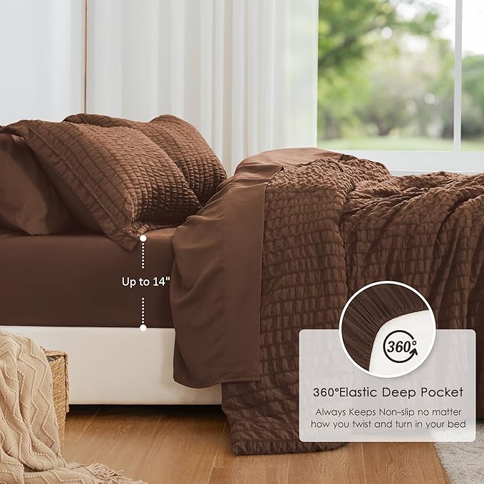 Love's cabin Seersucker Brown King Size Comforter Set, 7-Piece All Season Lightweight Bed in a Bag Bedding Set with Comforter, Flat Sheet, Fitted Sheet, Pillowcases and Shams | Soft, Breathable, Lightweight