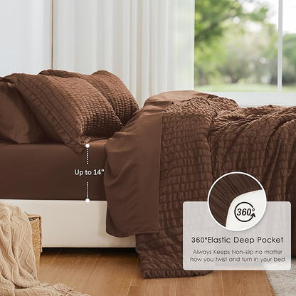 Love's cabin Seersucker Brown King Size Comforter Set, 7-Piece All Season Lightweight Bed in a Bag Bedding Set with Comforter, Flat Sheet, Fitted Sheet, Pillowcases and Shams | Soft, Breathable, Lightweight