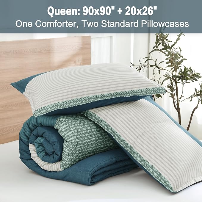 Litanika Comforter Set Queen Size Dark Teal - 3 Pieces Lightweight Colorblock Stripe Fluffy Bedding Comforter Sets, All Season Bed Set