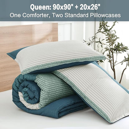 Litanika Comforter Set Queen Size Dark Teal - 3 Pieces Lightweight Colorblock Stripe Fluffy Bedding Comforter Sets, All Season Bed Set
