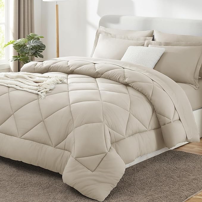 CozyLux King Size Comforter Set Oatmeal - 7 Pieces Bed in a Bag King, Luxury Soft Bed Set for All Seasons, Bedding Set with Down Alternative Comforter, Sheets, Pillowcases & Shams