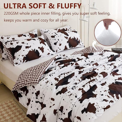 PERFEMET 3 Pieces Boys Twin Comforter Set, Brown White Cow Print Kids Bedding Set with Pillowcases, Geometric Reversible Western Style Bed Set for Teen Boy (Brown White, Twin)
