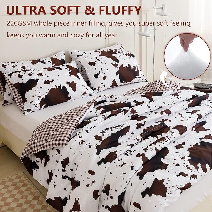 PERFEMET 3Pcs Cow Comforter Set King Size Rustic Cow Print Western Bedding Sets Farmhouse Reversible Checkered Cowhide Bed Quilt Set with Pillowcases (Brown White, King)