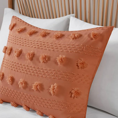 Intelligent Design King Comforter Set, Clipped Jacquard Comforter Set Chic Pompoms Accent, All Seasons Lightweight & Fluffy Comforter Bed Set with 2 Shams, Lucy, King/Cal King Rust 3 Piece