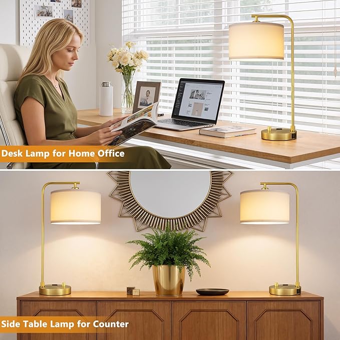 Innqoo Bedside Table Lamps for Bedroom Set of 2-Dimmable Nightstand Lamps with USB Port and Outlet,Modern Gold Lamps with Linen Shade,Tall Desk Lamps for Home Office Bedroom Living Room End Table