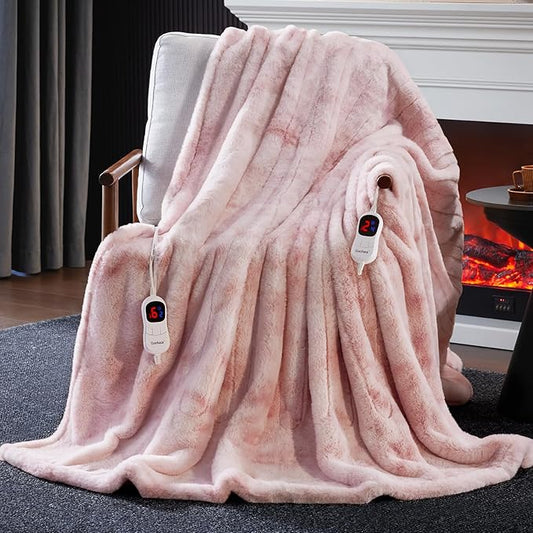 Guohaoi Heated Blanket Electric Throw, Soft Faux Rabbit Fur Electric Blanket with 10 Heating Levels 5 Sitting Timer Auto Off, Dual-Controller Heating Blankets, Machine Washable(90"×100" Pink)