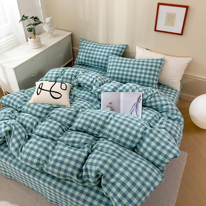 VM VOUGEMARKET Green Gingham Comforter Set Twin XL,Plaid Comforter with 2 Pillowcases for All Seasons,3 Pcs Modern Simple Grid Bedding Set for Teens Boys