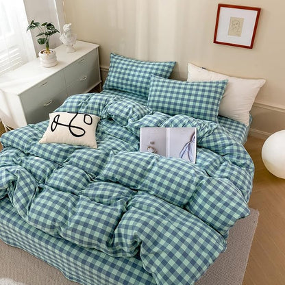 VM VOUGEMARKET Green Gingham Comforter Set Twin XL,Plaid Comforter with 2 Pillowcases for All Seasons,3 Pcs Modern Simple Grid Bedding Set for Teens Boys