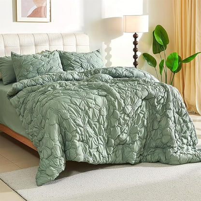 Cmfshape Green Pinch Pleat Comforter Set King Size-7 Pieces Bedding Comforter Bed in A Bag-Lightweight Microfiber Bedding Set with Comforter,Fitted Sheet,Flat Sheet and Pillow Shams-104 x90