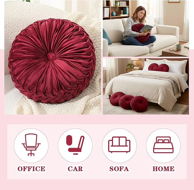 1 Pcs Round Throw Pillows Decorative Velvet Pleated Throw Pillows 15'' Diameter Accent Pumpkin Boho Chair Cushion for Couch Sofa Chair Bed Home Decoration (Wine Red)
