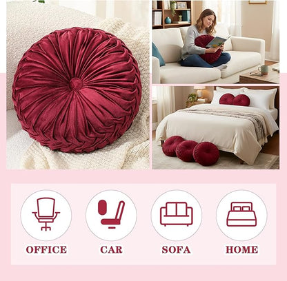 1 Pcs Round Throw Pillows Decorative Velvet Pleated Throw Pillows 15'' Diameter Accent Pumpkin Boho Chair Cushion for Couch Sofa Chair Bed Home Decoration (Wine Red)