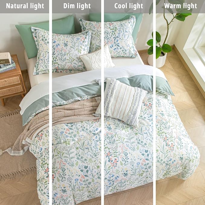 Floral Cotton Comforter Queen Size - Botanical Wildflower Pattern with Soft Pestel Accents on White, Textured Dusty Green Back, 3PC Lightweight Bedding Set with Down Alternative Fill(90"×90")