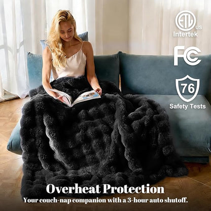 IUUI Electric Heated Blanket Queen 84''x90'',Luxury Faux Rabbit Fur Heating Throw Blankets,Fast Heating with 1/2/4/6/8/10 Hours,Overheat Protection, Quick Heating, Memory Function, Gift-Ready Design