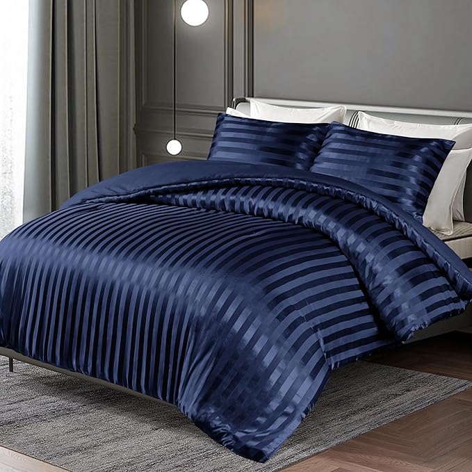 Whale Flotilla 3-Piece Reversible Silky Soft King Size Comforter Set, Luxury Stripe Satin Oversized Comforter Bedding Set with 2 Satin Pillowcases, Lightweight Duvet for All Seasons, Navy