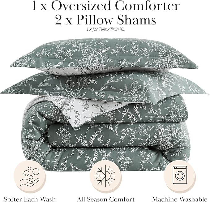 Southshore Fine Living, Inc. Extra Large King Comforter Oversized, Down Alternative Floral Comforter Set with Matching Pillow Shams, Reversible Bedding Sets, Fits Cal/King, Winter Brush Green/White