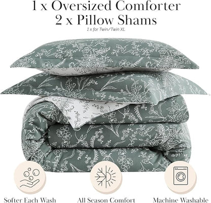 Southshore Fine Living, Inc. Extra Large King Comforter Oversized, Down Alternative Floral Comforter Set with Matching Pillow Shams, Reversible Bedding Sets, Fits Cal/King, Winter Brush Green/White