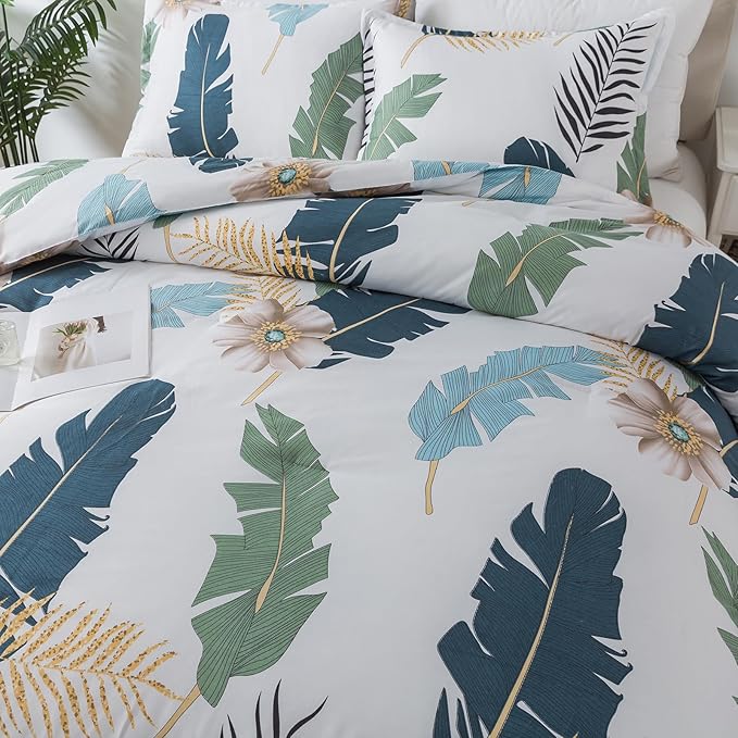 Caressma Boho Comforter Set Queen-3 Pieces Bohemian Queen Size Comforter Set, Tropical Botanical Palm Leaf Bedding Sets for All Season Soft Fluffy Lightweight(1 Comforter & 2 Pillowshams)