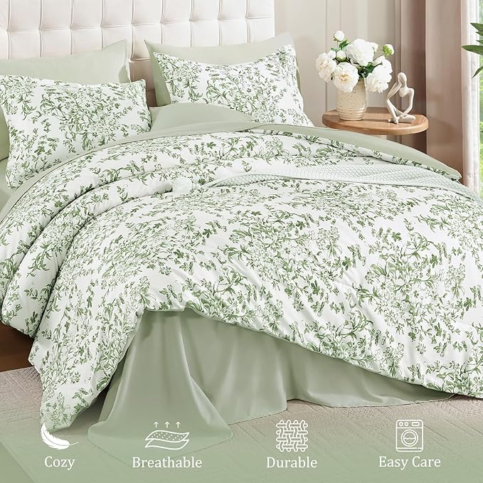 WONGS BEDDING 8 Pieces Queen Size Comforter Set Green, Sage Green Floral Bed in a Bag Comforter Sets, Soft Reversible Botanical Flowers Bedding Sets for All Season (90"x90")