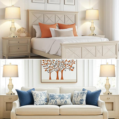 Farmhouse Vintage 3-Way Dimmable Table Lamp Set of 2 with USB A+C Charging Ports & AC Outlet, Rustic Mid Century Antique Traditional Bedside Lamps for Living Room Bedrooms Nightstand End Table White