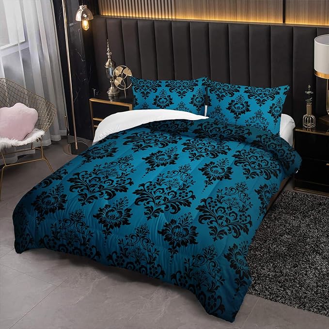 Blue Gothic Floral Print Comforter Set Queen Size,Vintage Damask Floral Bedding Set,Bohemian Exotic Printed Quilted Set for Teens Adult,with 1 Comforter and 2 Pillow Case