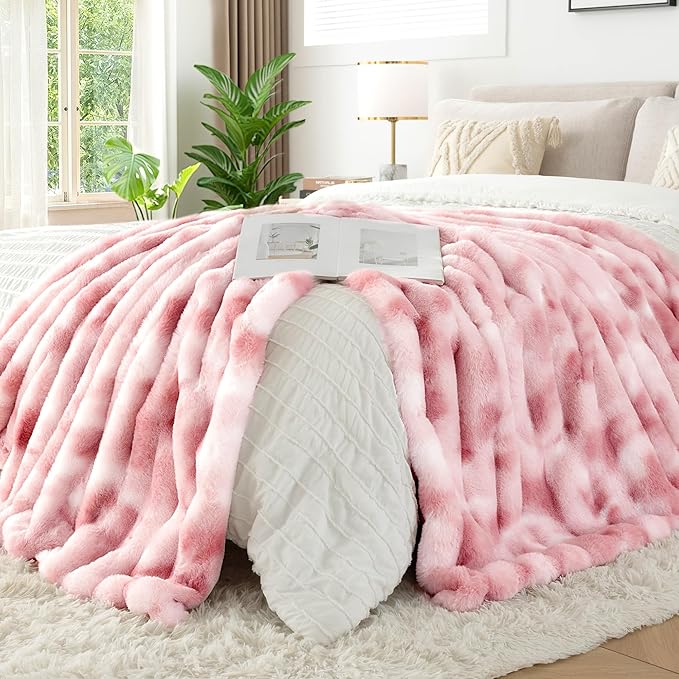 Touchat Luxury Faux Rabbit Fur Twin Blanket for Couch, Super Heavy Warm Cozy Throw for Sofa Bedroom Living Room, Ultra Soft Fluffy Reversible Plush Blankets for Home Decor Gifts, Tie-dye Pink