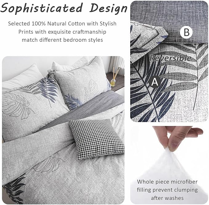 ALESSEL Natural Cotton 3pcs Botanical Comforter Set - Queen Size, Dark Gray Comforter with Blue & Gray Leaves, Reversible Lightweight Floral Bedding Sets