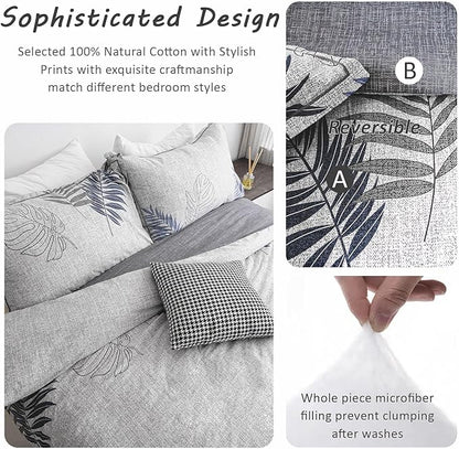 ALESSEL Natural Cotton 3pcs Botanical Comforter Set - Queen Size, Dark Gray Comforter with Blue & Gray Leaves, Reversible Lightweight Floral Bedding Sets