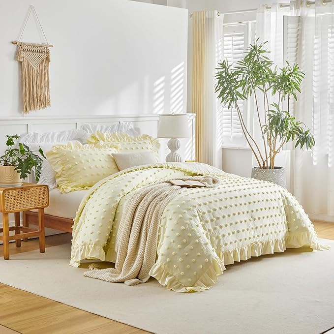 Flysheep Tufted Dots Ruffle Comforter Set Twin Size, 3 Pieces Yellow Vintage Farmhouse Shabby Chic Comforters, Jacquard Boho Bohemian Bedding Set for Kids (1 Ruffled Comforter+ 2 Pillow Shams)