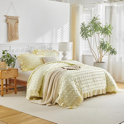 Flysheep Tufted Dots Ruffle Comforter Set King Size, 3 Pieces Yellow Vintage Farmhouse Shabby Chic Comforters, Jacquard Boho Bohemian Bedding Set for All Season (1 Ruffled Comforter+ 2 Pillow Shams)