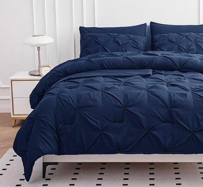 LANE LINEN Twin Comforter - 5 Piece Set - Pintuck Stitch Design Bedding - Include 1 Comforter, 1 Flat Sheet, 1 Fitted Sheet, 1 Pillowcase & 1 Sham - Soft, Warm & Cozy Bedding Collection – Navy Blue | Soft & cozy, Light microfiber, Textured pintuck, Eas...