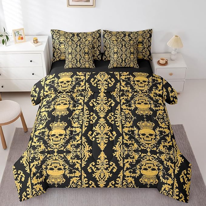 Erosebridal Sugar Skull 7 Piece Comforter Set Full Bed in a Bag,Gothic Bedding Set,Black Yellow Damask Bohemian Vintage Floral Comforter and Sheet Set,Goth Skeleton Antique Victorian Baroque Decor