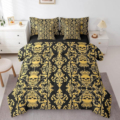 Erosebridal Sugar Skull 7 Piece Comforter Set Full Bed in a Bag,Gothic Bedding Set,Black Yellow Damask Bohemian Vintage Floral Comforter and Sheet Set,Goth Skeleton Antique Victorian Baroque Decor