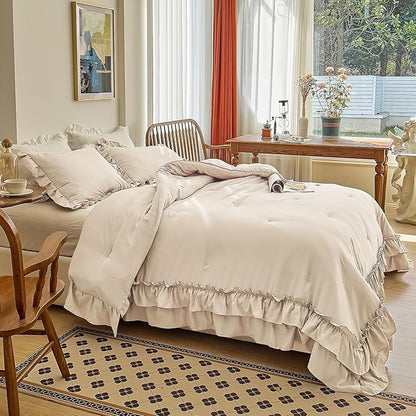 AIKASY Camel Ruffle Comforter Set King, 3 Pieces Vintage Ruffle Fringe Comforter, Farmhouse Rustic Microfiber Down Alternative Bedding (1 Comforter + 2 Pillow Shams)