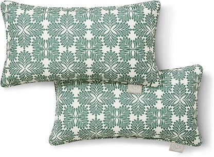Martha Stewart Tulum Indoor Outdoor Decorative Lumbar Pillow 2-Pack Set, UV Fade Resistant, Water Repellent, Printed Modern Design, Green, 11"x18"