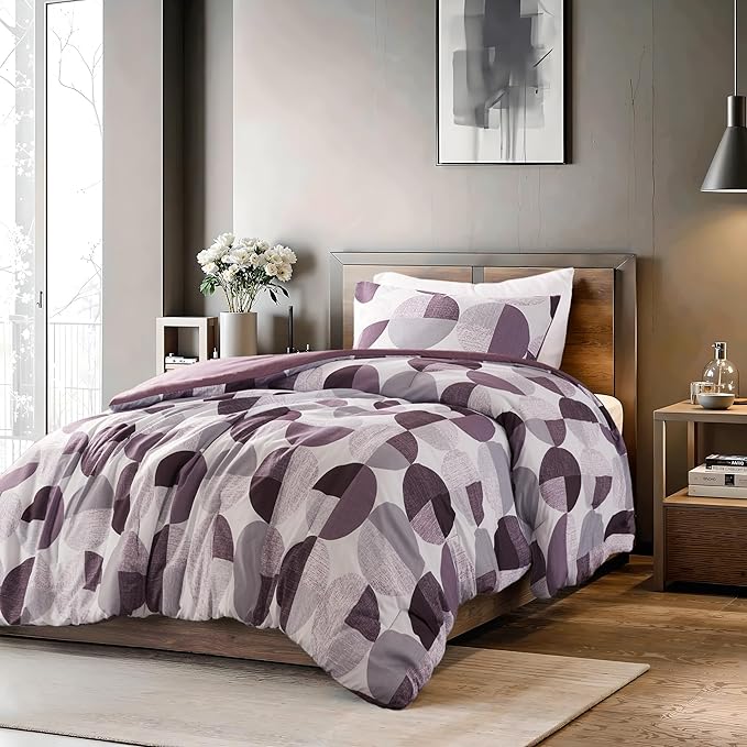 Stylish Three-Tone Printed Twin Size Comforter Set, 2 Pieces Ultra-Soft Microfiber Bedding Set, Warm and Cozy Comforter for All Seasons, Plum Purple & Grey