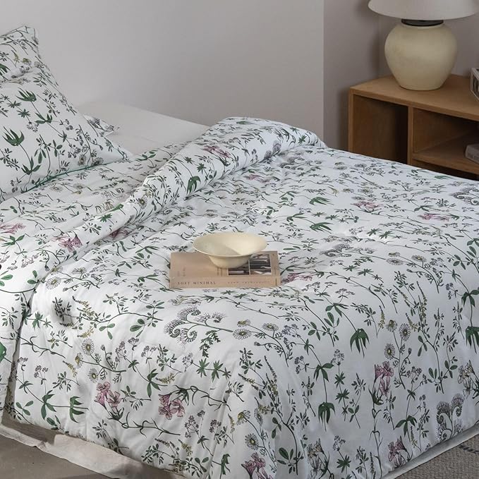 Cotton Comforter King Size Set – White Green Botanical Floral Bedding, Soft & Breathable Comforter, All-Season Down-Alternative Filling, 1 Comforter & 2 Pillow Shams