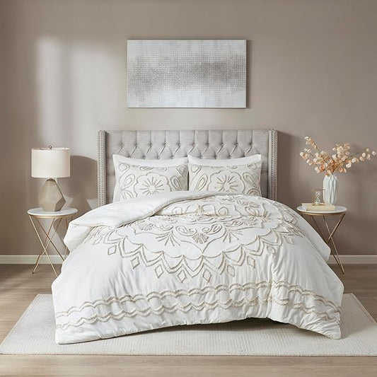 Madison Park Violette Chenille Cotton Tufted Comforter Large Medallion Design, All Season, Hypoallergenic, Soft Bedding Set, Matching Sham, Full/Queen, Ivory/Taupe 3 Piece