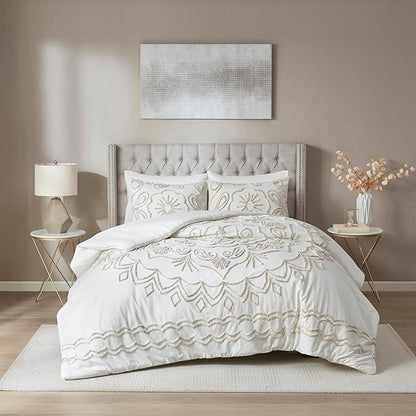 Madison Park Violette Chenille Cotton Tufted Comforter Large Medallion Design, All Season, Hypoallergenic, Soft Bedding Set, Matching Sham, Full/Queen, Ivory/Taupe 3 Piece