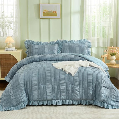 WONGS BEDDING Blue Comforter Set King,3 Pieces Ruffle Farmhouse Shabby Chic Boho Comforter for King Bed,Soft Textured Bedding Set with 1 Ruffle Comforter,2 Tufted Pillowcases 104"×90"