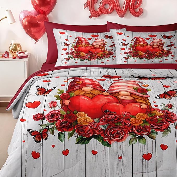 Nesker 7 Pcs Valentine's Day Comforter Set Queen Size, Romantic Gnomes Heart Bedding Set for Kids and Adults, Sweet Rose Love Sheets Bed Sheet Sets with Fitted Sheet 2 Pillowcases & 2 Shams