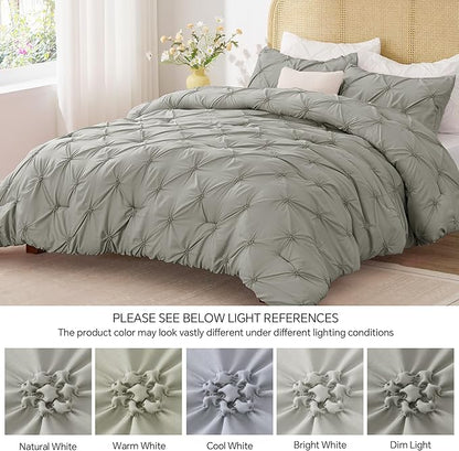 BEDELITE Grey King Size Comforter Set - 3 Pieces Boho Pintuck Bedding Comforter Sets, Lightweight Soft & Warm King Bedding Set with 2 Pillowcases for All Season
