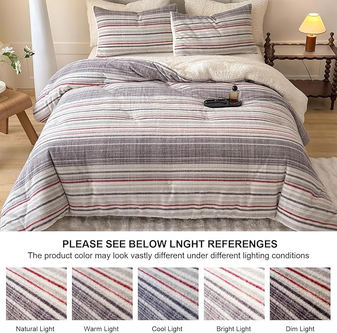 Cyusri Striped Sherpa Comforter Set 3Pcs Fluffy Warm Fleece Down Alternative, Grey Red Bedding Set with 2 Pillowcases, Queen Size 90"x90"