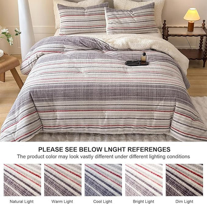Cyusri Striped Sherpa Comforter Set 2Pcs Fluffy Warm Fleece Down Alternative, Grey Red Bedding Set with 1 Pillowcase, Twin Size 68"x90"
