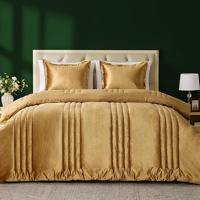MUSSEL Velvet California King Size Comforter Set 3 Pieces,Luxury Gold All Season Cozy Velvet Bedding Comforter Sets,Modern Striped Lightweight Fluffy Bedroom Sets