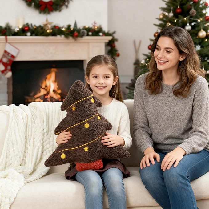 Artmag Christmas Pillow, Decorative Christmas Tree Pillow Stuffed Tree Shaped Embroidered Star Ball Bedroom Xmas Plush for Party Home Decorations 15.5" x 14.5" Brown
