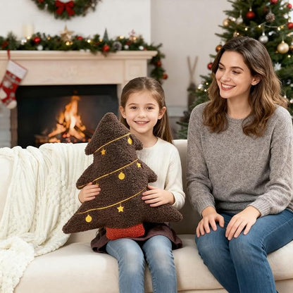 Artmag Christmas Pillow, Decorative Christmas Tree Pillow Stuffed Tree Shaped Embroidered Star Ball Bedroom Xmas Plush for Party Home Decorations 15.5" x 14.5" Brown