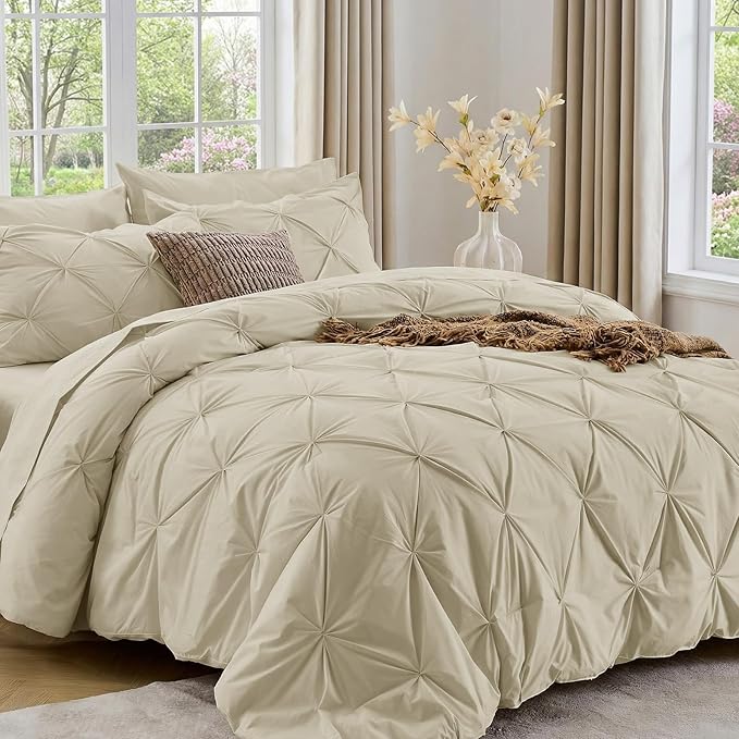 Sasttie King Size Comforter Set, 7-Piece Bed in a Bag, Pintuck Bedding Set for All Season, Includes Comforter, Flat Sheet, Fitted Sheet, Pillowcases and Pillowshams, Linen