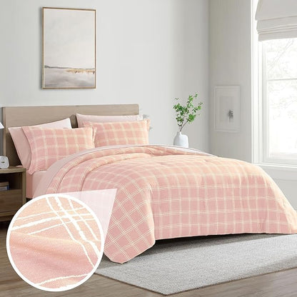 Cathay Home Basic Bedding Home Essential Ultra Soft Lightweight 5PC Wrinkle Resistant Microfiber Bed in a Bag Set (Includes Complete Sheet Set & Comforter Set) - Pink Plaid, Twin