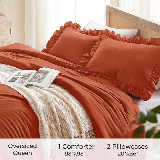 Andency Terracotta Ruffle Comforter Oversized Queen(98x98Inch), 3 Pieces(1 Ruffled Comforter and 2 Pillowcases) Solid Farmhouse Shabby Chic Bed, Vintage Rustic Soft Microfiber Bedding Set
